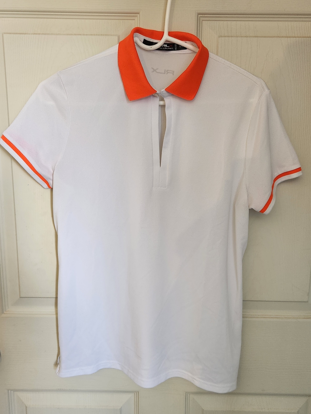 RLX Ralph Lauren White Polo Tee with Orange Collar and Trim